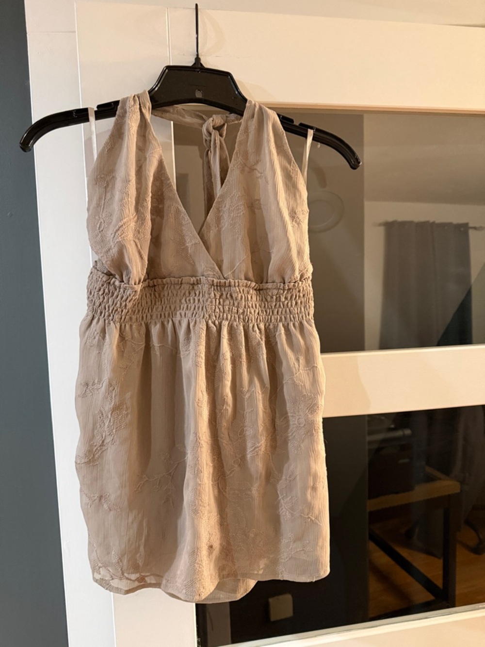 Taupe Halter Tie-Neck Smocked Waist Top